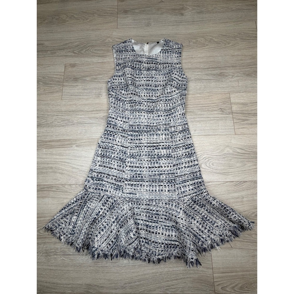 Kobi Halperin Blue White Tweed Sleeveless Flounce Fringe Hem Dress Size 0 - Picture 1 of 8